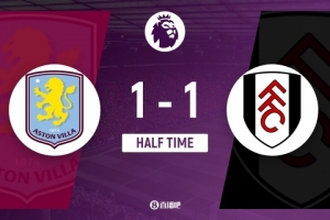 半战战报：阿斯顿维拉1-1富勒姆，希门尼斯3分钟闪击建功，沃特金斯伤退仍破门扳平比分。