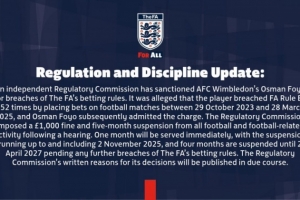 官方消息，英甲球员福约因累计252次违反博彩条例，遭罚款1000英镑并被禁赛5个月。