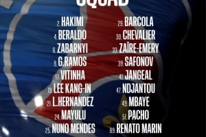 巴黎客场挑战里尔大名单公布：阿什拉夫、巴尔科拉入选，登贝莱等多名球员缺阵。