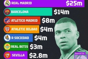 西甲球队衣袖广告收入排名出炉：皇马以2500万美元位居榜首，巴萨以1400万美元位列第二。