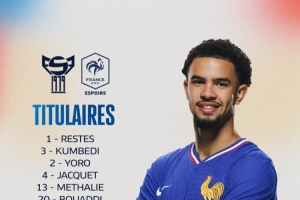 法国U21vs法罗群岛U21首发：扎伊尔-埃梅里、特尔、约罗出战