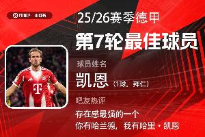 直播吧与小红书联合评选：德甲第7轮最佳球员出炉，凯恩凭借出色的攻防表现第四次当选，展现其进球与组织的全面能力。