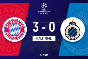 拜仁半场3-0领先布鲁日，伦纳特-卡尔与凯恩迪亚斯分别建功。