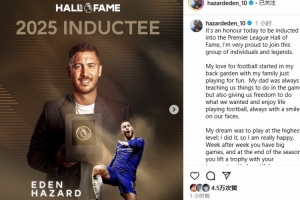 阿扎尔荣膺英超名人堂，他深情致谢队友与教练：奖杯属于你们，你们就是我的全世界。