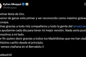 姆巴佩社媒庆祝斩获欧洲金靴：感谢队友、皇马全体及球迷支持