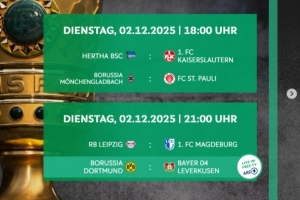 德国杯1/8决赛赛程：12月3日04:00，勒沃库森对阵多特蒙德；12月04日03:45，柏林联合迎战拜仁慕尼黑。